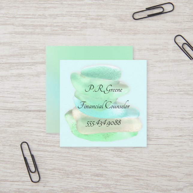 Simple Sea Glass Green Square Business Cards (Front/Back In Situ)