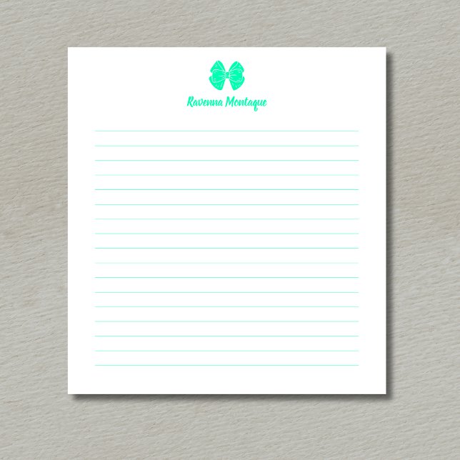 Simple Seafoam Green Bow Script Custom Name Lined  Notepad (Creator Uploaded)
