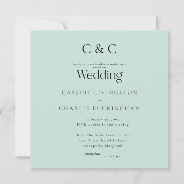 Simple Seafoam Monogram Square Wedding Invitation (Front)