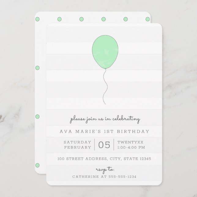Simple Shabby Chic Green and Grey Balloon Birthday Invitation (Front/Back)