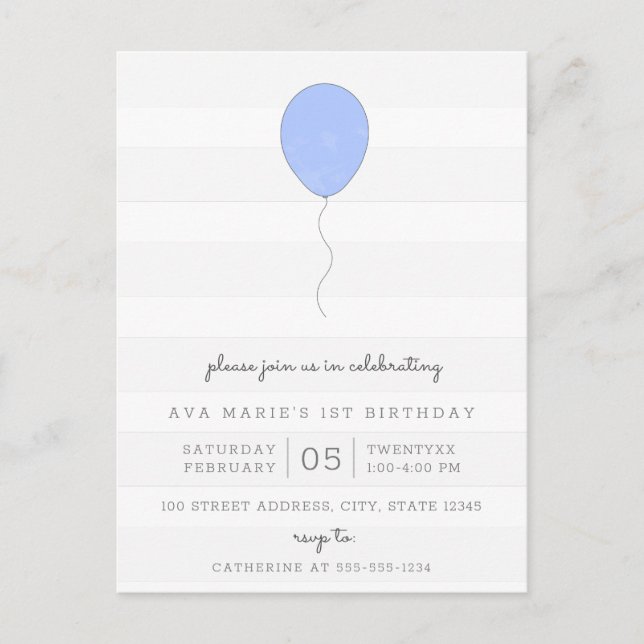 Simple Shabby Chic Grey and Blue Balloon Birthday Postcard (Front)