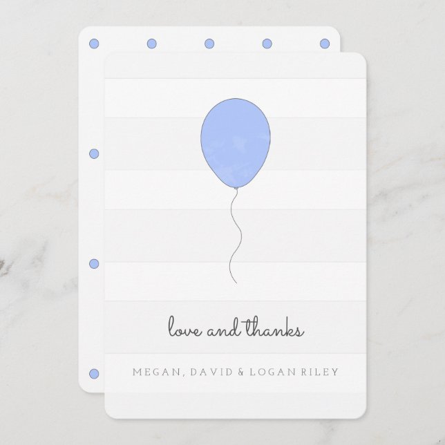 Simple Shabby Chic Grey and Blue Balloon Birthday Thank You Card (Front/Back)