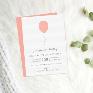 Simple Shabby Chic Pink and Grey Balloon Birthday Invitation