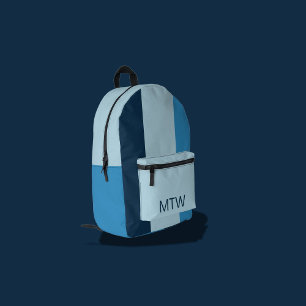 Simple Shades of Blue Vertical Stripes Monogram Printed Backpack