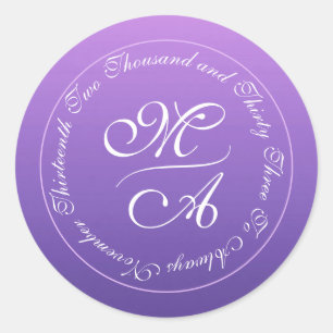 Simple Shades of Purple Monogram Wedding Date Classic Round Sticker