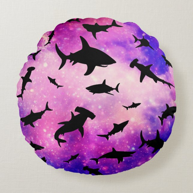 Simple shark fish jaws whale ocean galaxy pattern round cushion (Front)