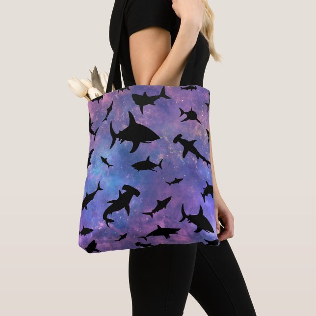 Simple shark fish jaws whale ocean galaxy pattern tote bag (Close Up)