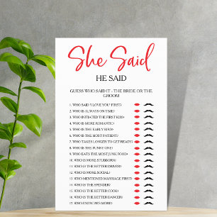 Simple She Said He Said  Bridal Shower Party Game