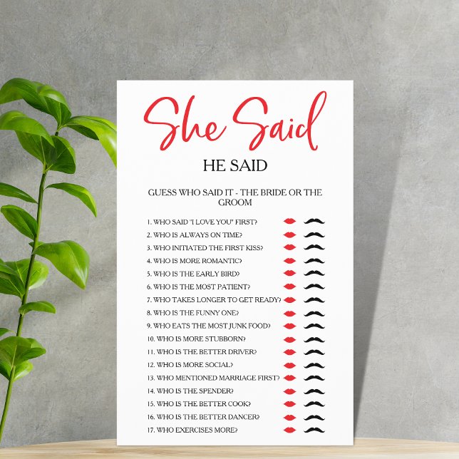 Simple She Said He Said  Bridal Shower Party Game (Creator Uploaded)