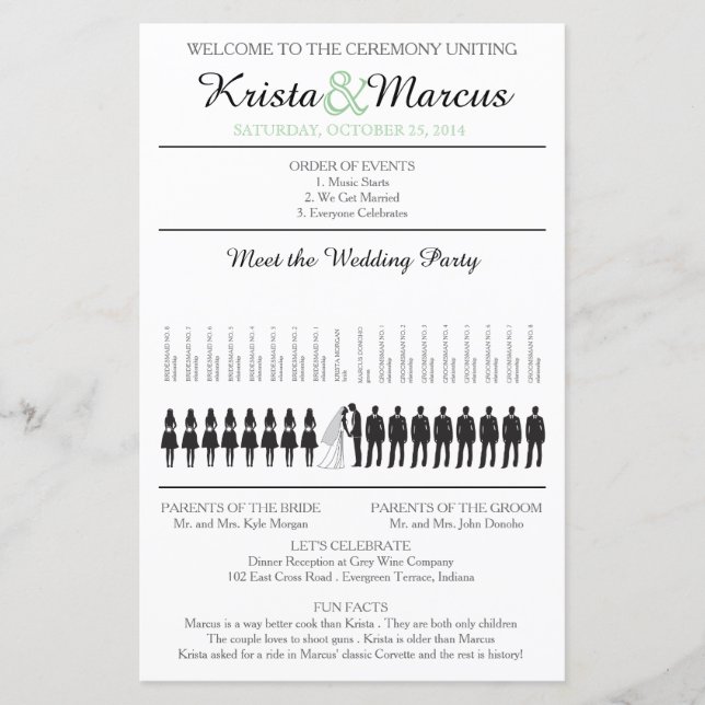 Simple Silhouettes Wedding Program with Timeline (Front)