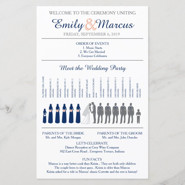 Simple Silhouettes Wedding Program with Timeline (Front)