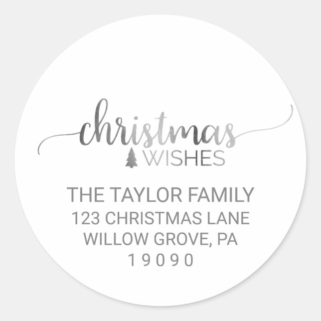 Simple Silver Calligraphy Christmas Return Address Classic Round Sticker (Front)