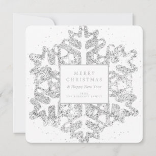 Simple Silver Christmas Glitter Snowflake Family  Holiday Card