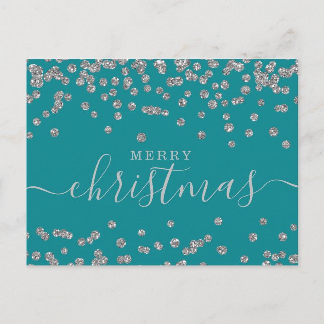 Simple Silver Christmas Holidays Glitter Teal Holiday Postcard (Front)