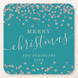 Simple Silver Christmas Holidays Glitter Teal Square Paper Coaster