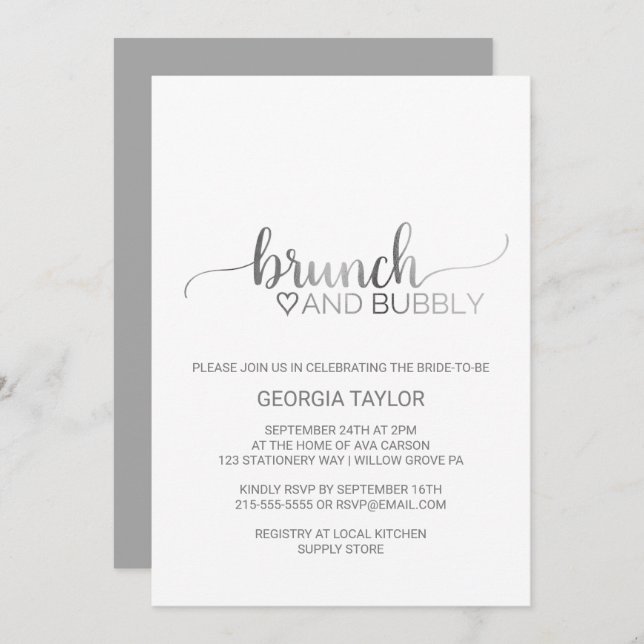 Simple Silver Foil Calligraphy Brunch and Bubbly Invitation (Front/Back)