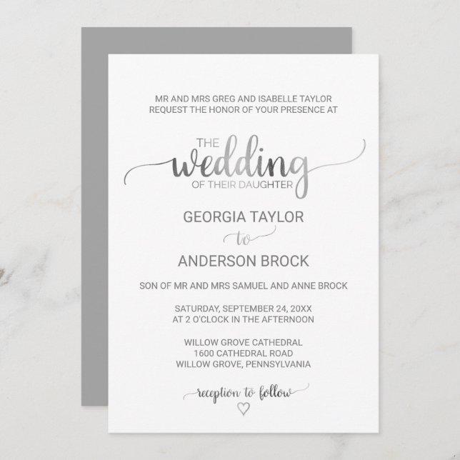 Simple Silver Foil Calligraphy Formal Wedding (3) Invitation (Front/Back)