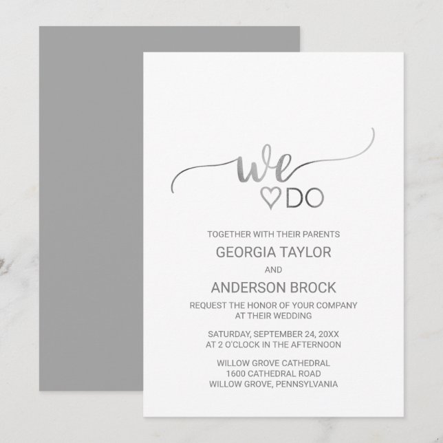 Simple Silver Foil Calligraphy "We Do" Wedding Invitation (Front/Back)