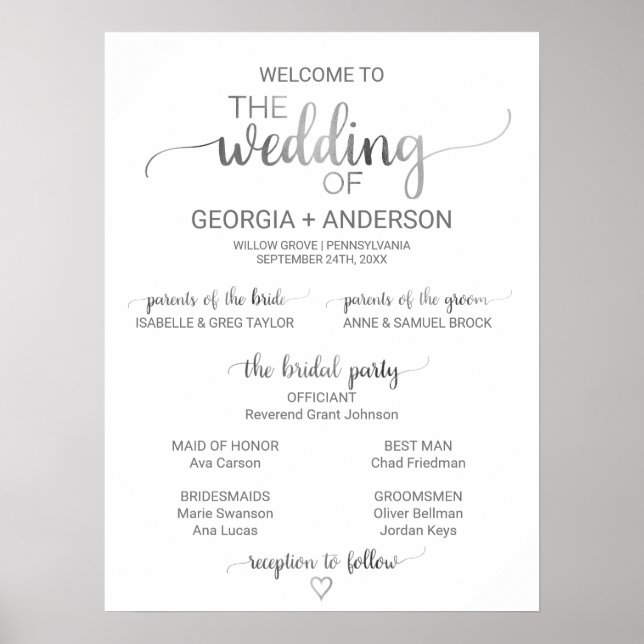 Simple Silver Foil Calligraphy Wedding Program (3) Poster (Front)