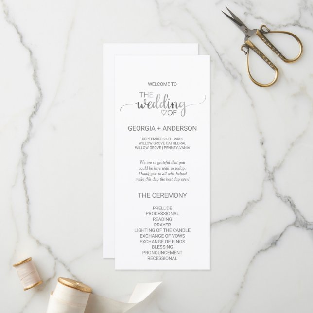 Simple Silver Foil Calligraphy Wedding Program Programme (Front/Back In Situ)