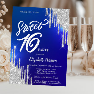Simple Silver Glitter Drips Blue Sweet 16  Invitation