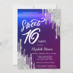 Simple Silver Glitter Drips Ombre Sweet 16 Invitation