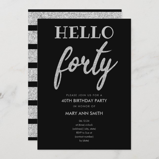 Simple Silver Glitter "Hello Forty" Birthday Party Invitation (Front/Back)
