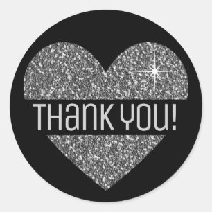Simple Silver Glitter Love Heart Shape Thank You Classic Round Sticker