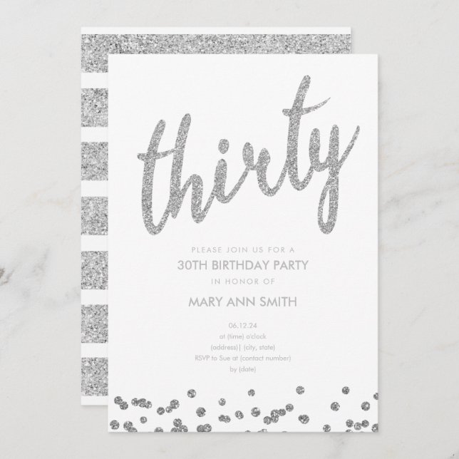 Simple Silver Glitter Type 30th Birthday Party Invitation (Front/Back)