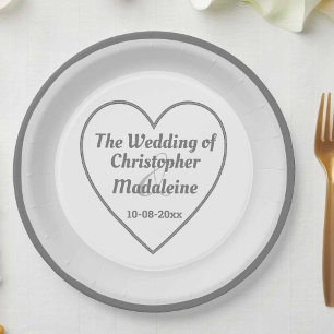 Simple Silver Grey and White Wedding Paper Plate