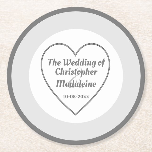 Simple Silver Grey and White Wedding Round Paper Coaster (Front)