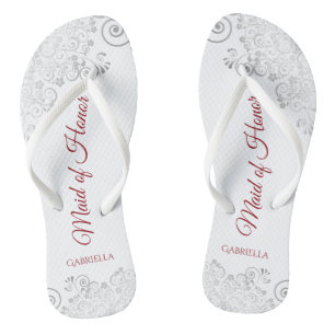 Simple Silver Lace & Red Maid of Honour Wedding Jandals