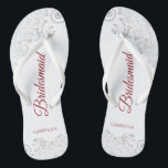 Simple Silver Lace & Red Script Bridesmaid Wedding Jandals<br><div class="desc">These elegant wedding flip flops are a great way to thank and recognise your bridesmaids, while giving their feet a rest after a long day. The beautiful design features an elegant design with silver grey lace frills on a white background and fancy crimson red script lettering. The test reads Bridesmaid...</div>