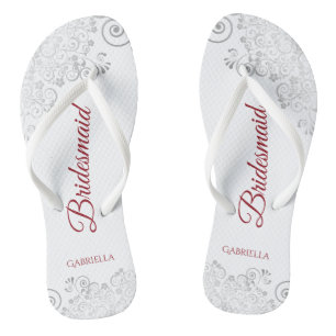 Simple Silver Lace & Red Script Bridesmaid Wedding Jandals