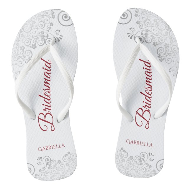 Simple Silver Lace & Red Script Bridesmaid Wedding Jandals (Footbed)