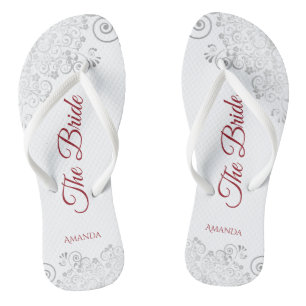 Simple Silver Lace & Red Script The Bride Wedding Jandals
