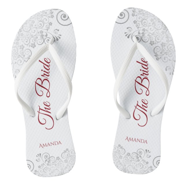 Simple Silver Lace & Red Script The Bride Wedding Jandals (Footbed)