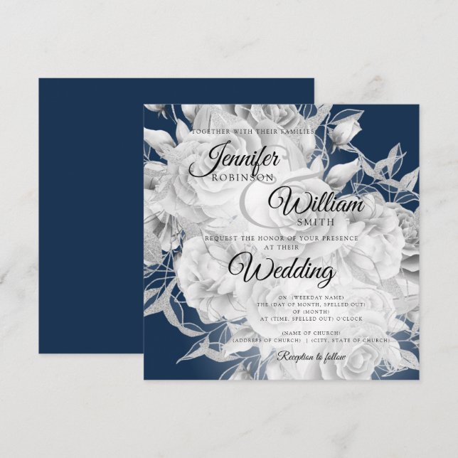 Simple Silver & Navy Elegant Floral Wedding (Front/Back)