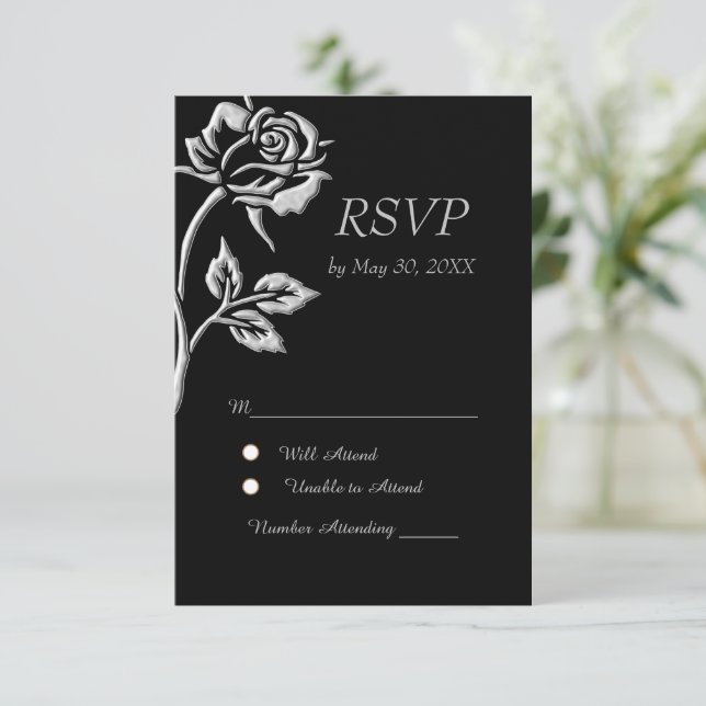 Simple Silver Rose RSVP Card (Standing Front)
