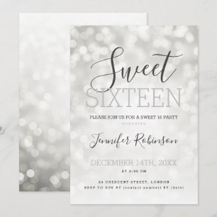 Simple Silver Sweet 16 Birthday Sparkly Lights Invitation
