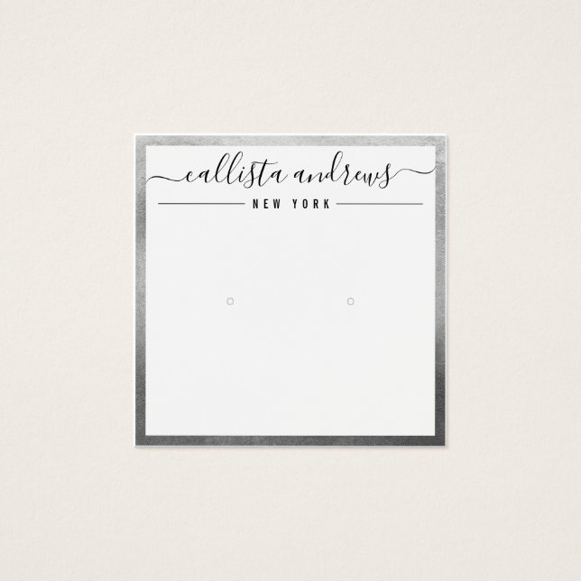 Simple Silver White Cursive Earring Display Card (Front)