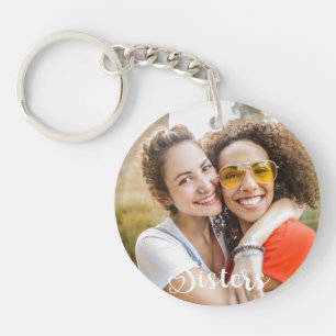 Simple Sisters One Photo Elegant Script Heart Key Ring