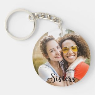 Simple Sisters One Photo Elegant Script Heart Key Ring