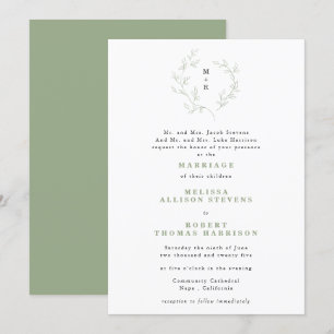 Simple Sketch Wreath Monogram Sage Green Wedding Invitation