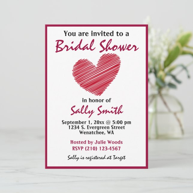 Simple Sketchy Red Heart Bridal Shower Invitation (Standing Front)