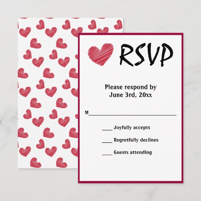 Simple Sketchy Red Heart Wedding RSVP card (Front/Back)