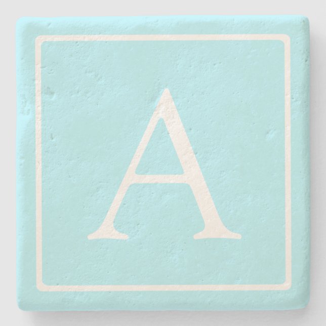 Simple Sky Blue Monogram Stone Coaster (Front)
