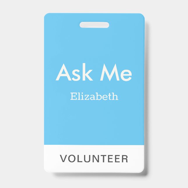 Simple Sky Blue Personalised Volunteer Ask Me ID Badge (Front)