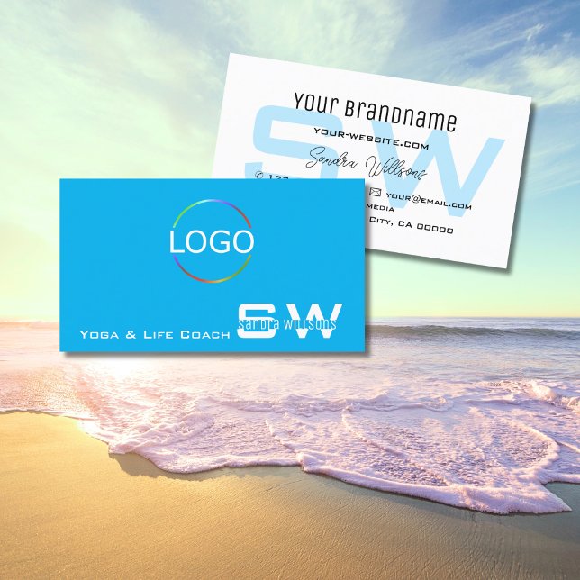 Simple Sky Blue White with Monogram and Logo Business Card (Creator Uploaded)