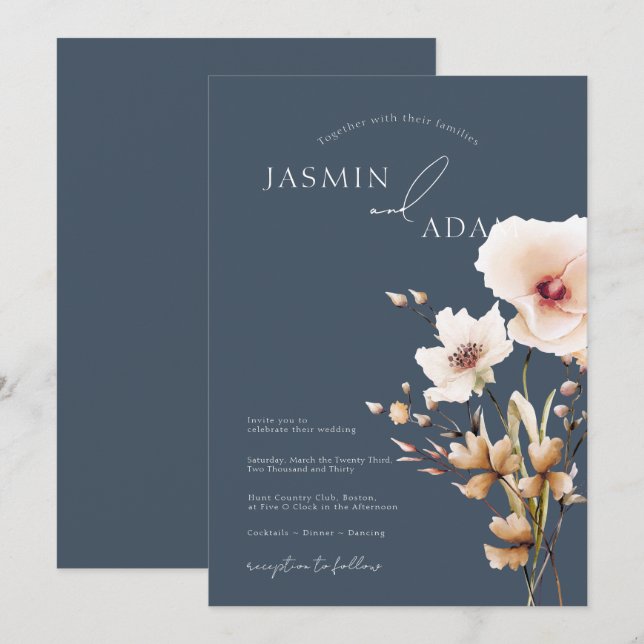 Simple Slate Blue Blush Wildflower Wedding Invitation (Front/Back)